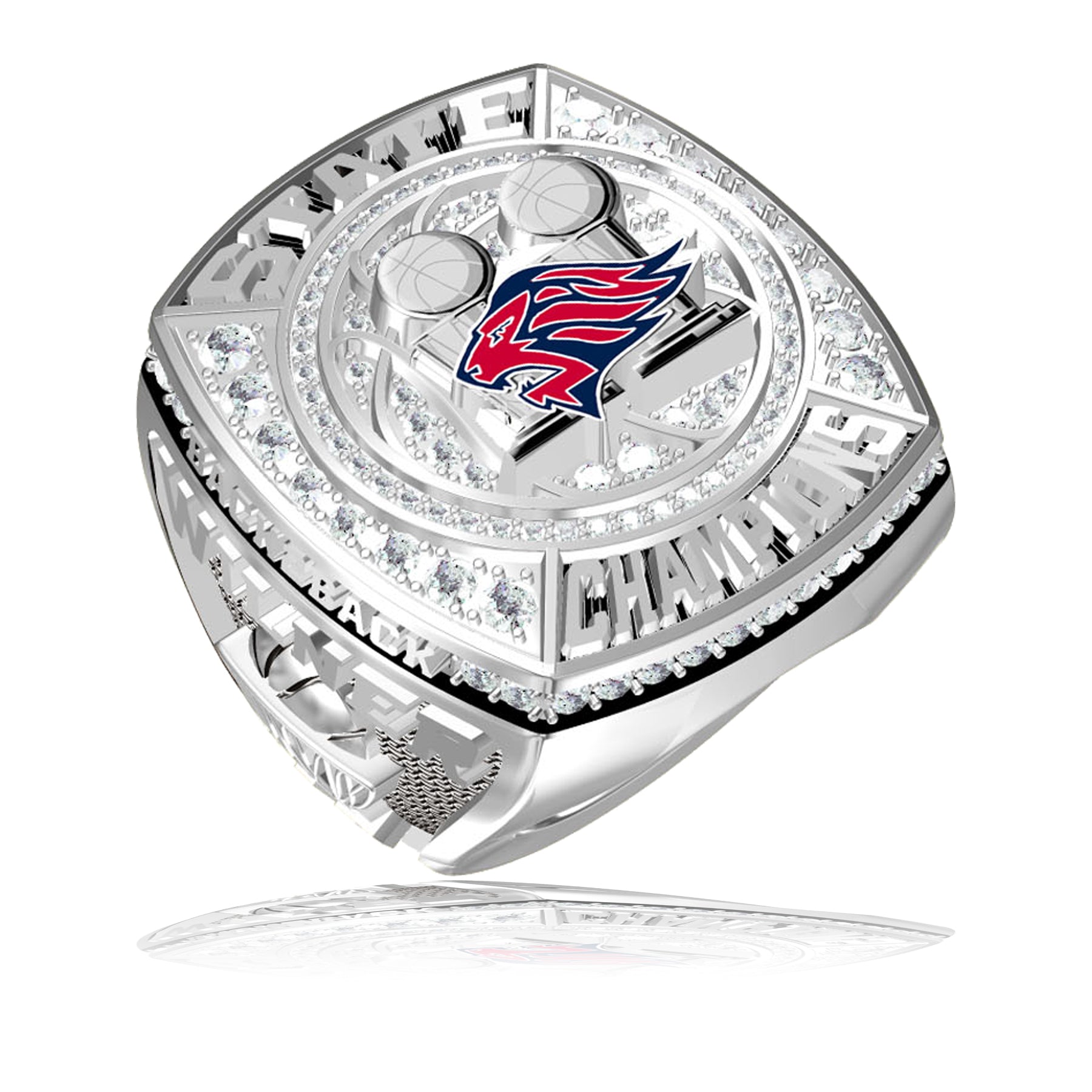 A cubic championship ring with colors and personalization.